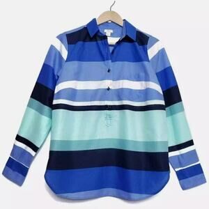 J. Crew Striped Cotton Popover Blouse Blue White Green Size Small